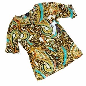 Dana Buchman Women’s Size XL Gold and Blue Paisley Button Top NWT